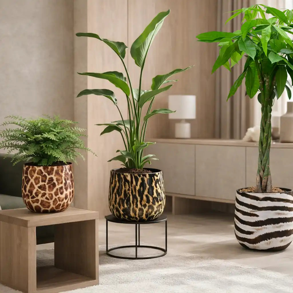 Zimmerpflanzen Übertöpfe aus Metall im Animalprint Design Zebra, Leopard und Giraffe [AI]