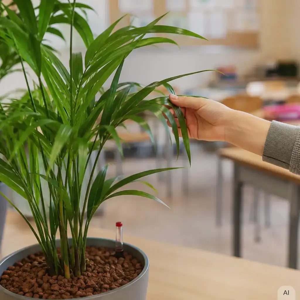 Kind mit Goldfruchtpalme in der Schule, Pflanzkonzept für Schulklassen