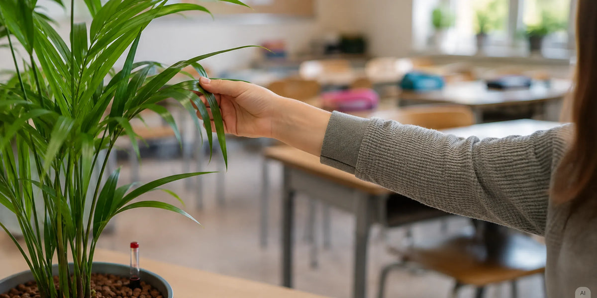 Kind mit Goldfruchtpalme in der Schule, Pflanzkonzept für Schulklassen