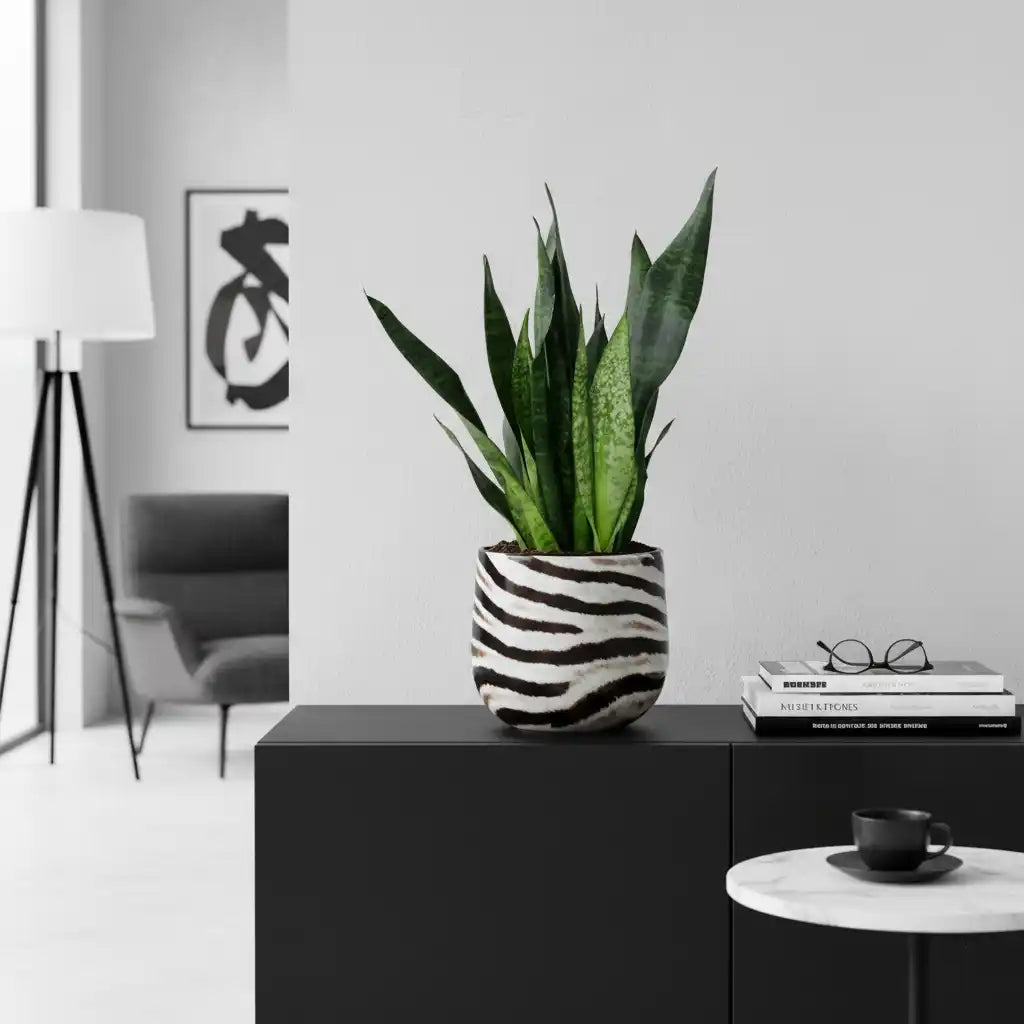moderner Übertopf mit Zebra Print und Bogenhanf für helle Räume