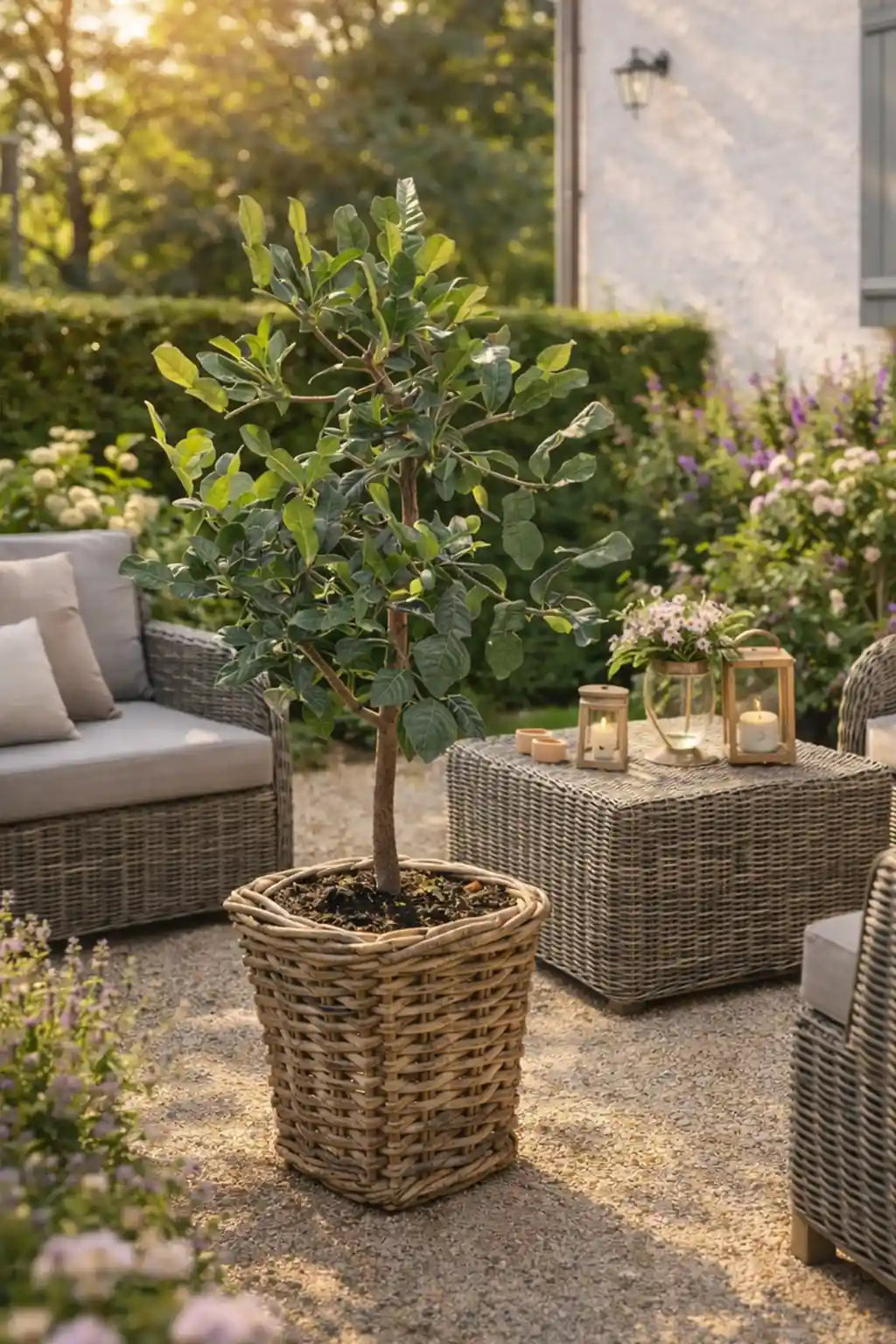 großer, mediterraner Kaffir Baum im geflochtenen Korb auf der Terasse