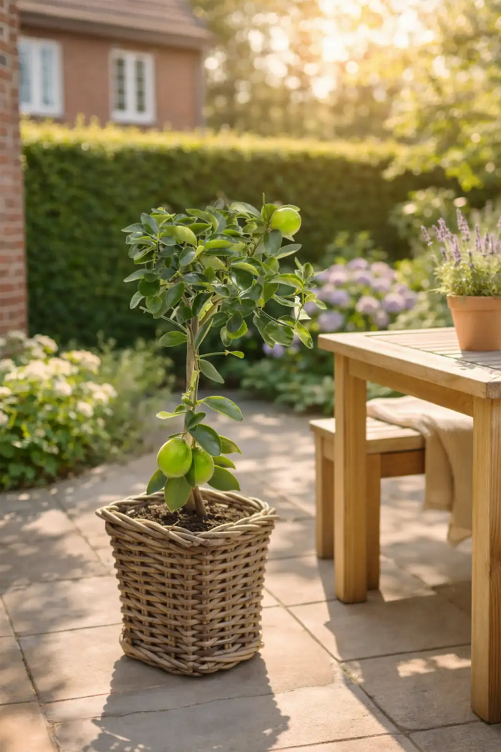großer Caipi Limettenbaum mit Früchten im geflochtenen Korb auf der Terrasse