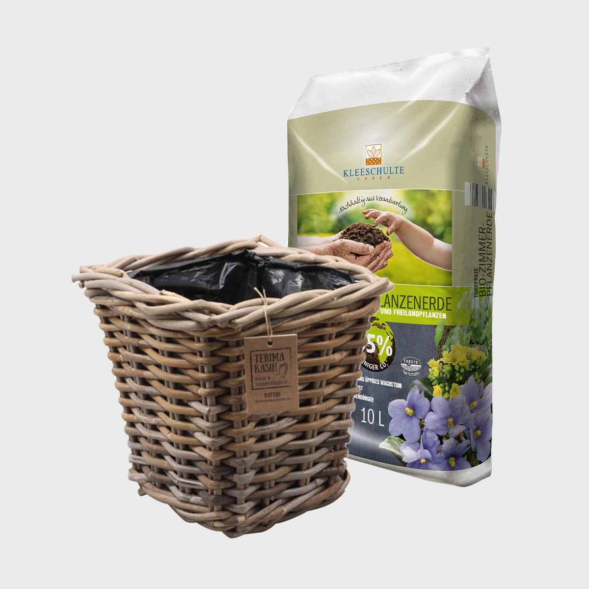 Rattankorb Eckig 30cm mit Erde