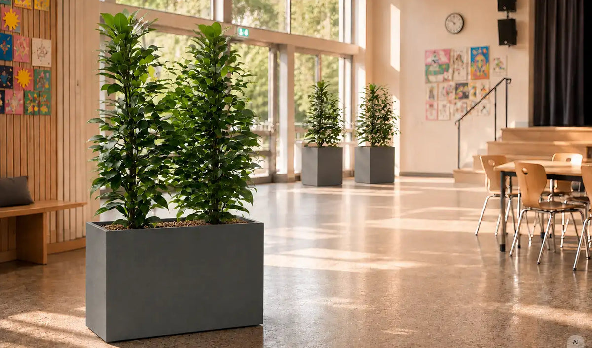 Schule Pflanzkonzept Aula mit Feigenbaum im Raumtrenner